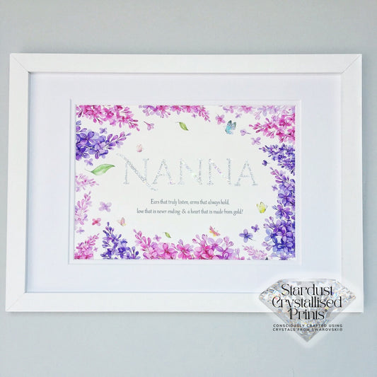 Stardust Crystallised Prints® - Pink and Purple Floral Border Personalised Print Embellished with Swarovski® Crystals