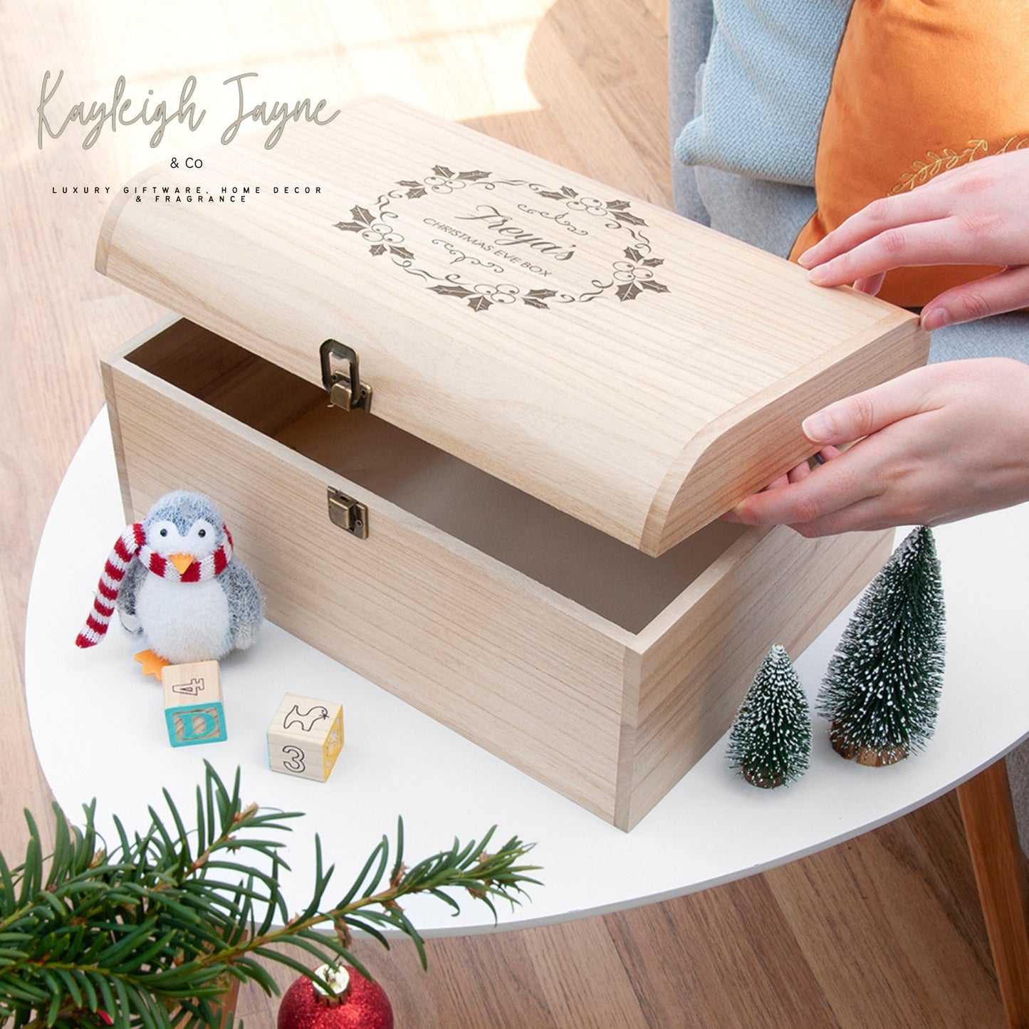 Solid Pine Holly and Mistletoe Design - Personalised Christmas Eve Chest