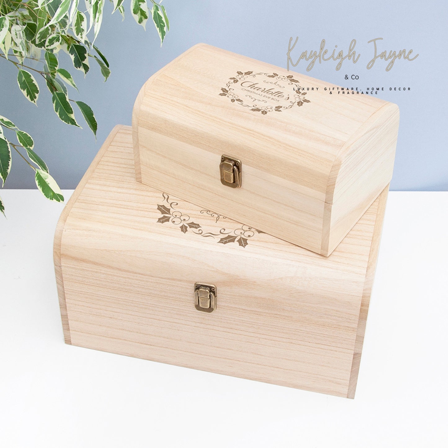 Solid Pine Holly and Mistletoe Design - Personalised Christmas Eve Chest