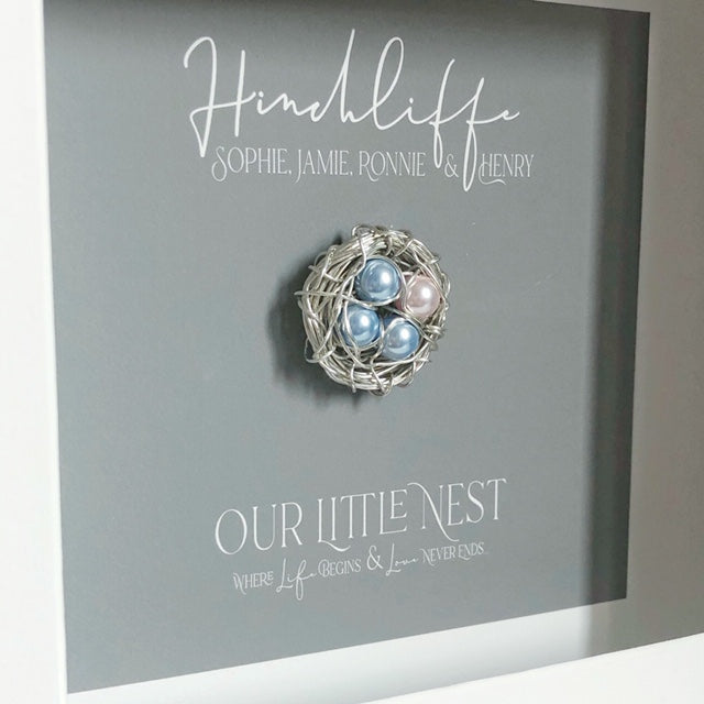 “Our little nest” Handmade Argentium 940 fine Silver Nest In Frame - Personalised Gift with Swarovski Crystal Pearls