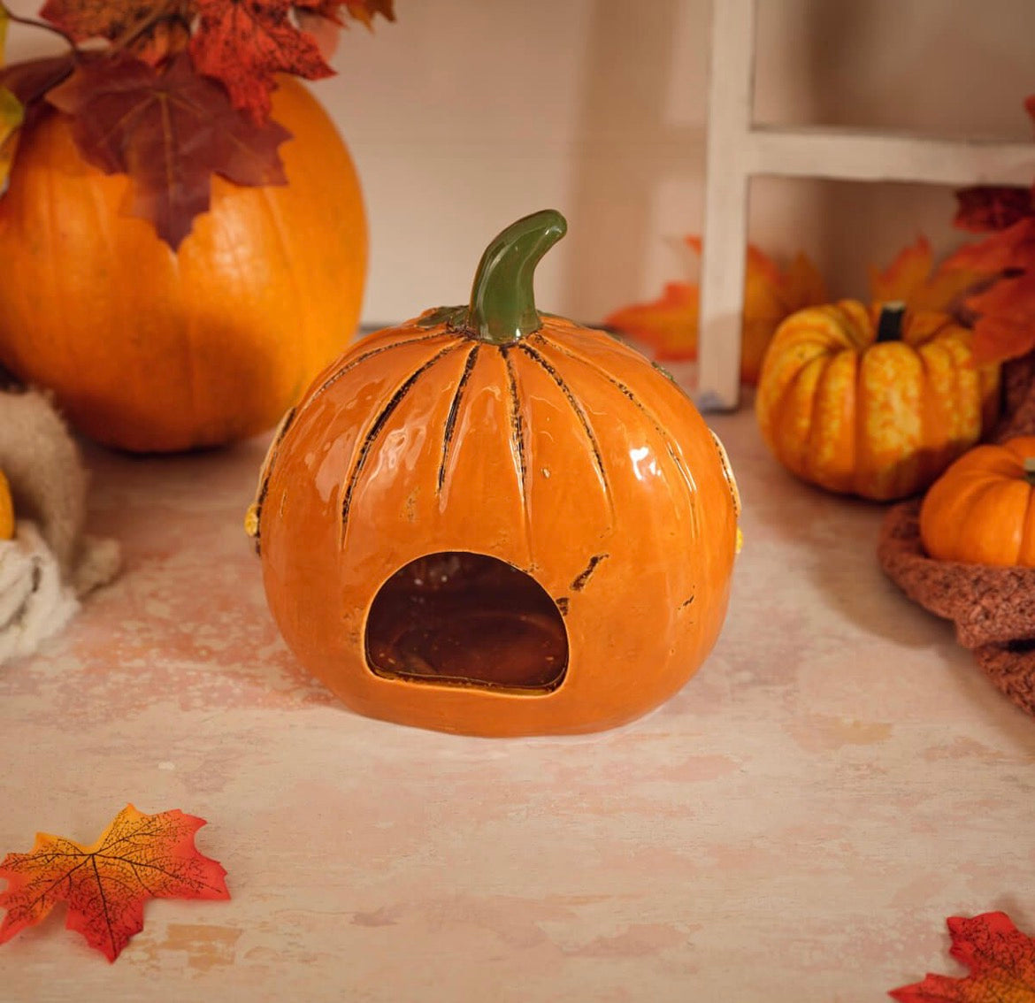 Hand Painted Ceramic Pumpkin House Tealight Holder