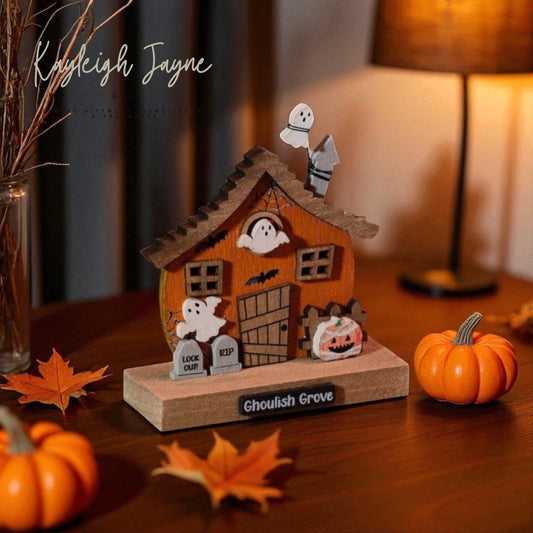 Cute Halloween Wooden House Miniature - Ghoulish Grove