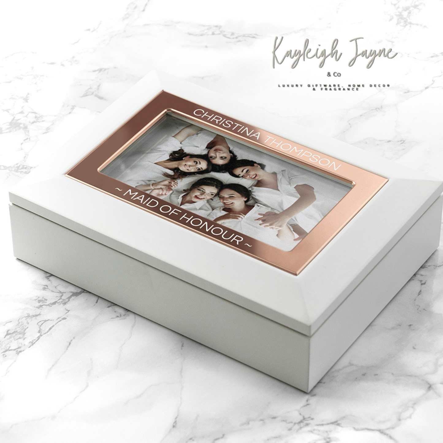 Personalised White And Rose Gold Photo Jewellery Chest