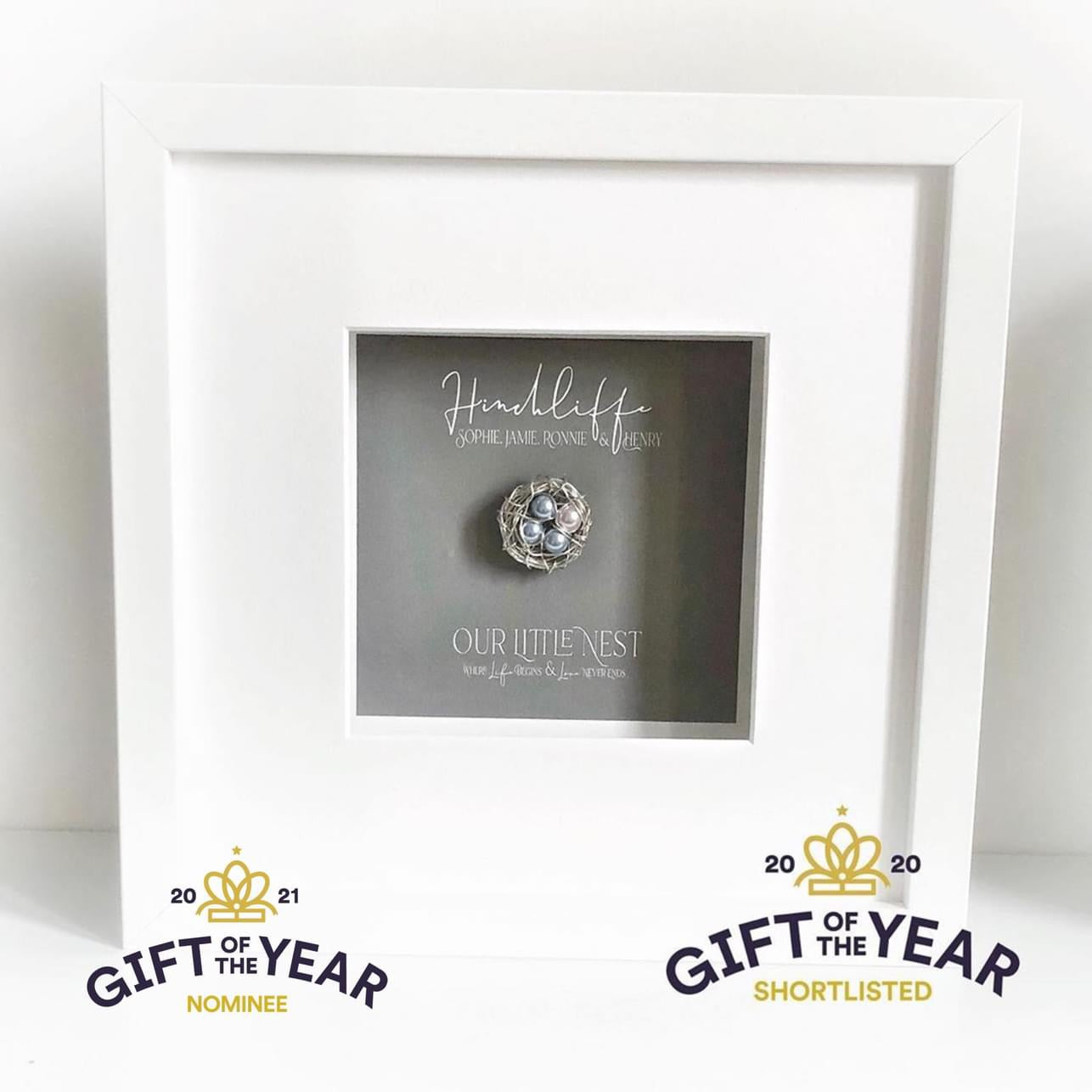 “Our little nest” Handmade Argentium 940 fine Silver Nest In Frame - Personalised Gift with Swarovski Crystal Pearls