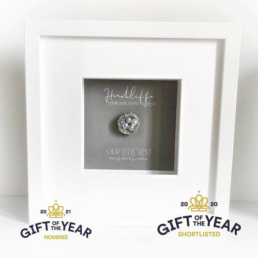 “Our little nest” Frame fine Silver Nest In Frame - Personalised Gift with Crystal Pearls