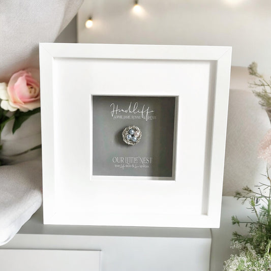 “Our little nest” Frame fine Silver Nest In Frame - Personalised Gift with Crystal Pearls