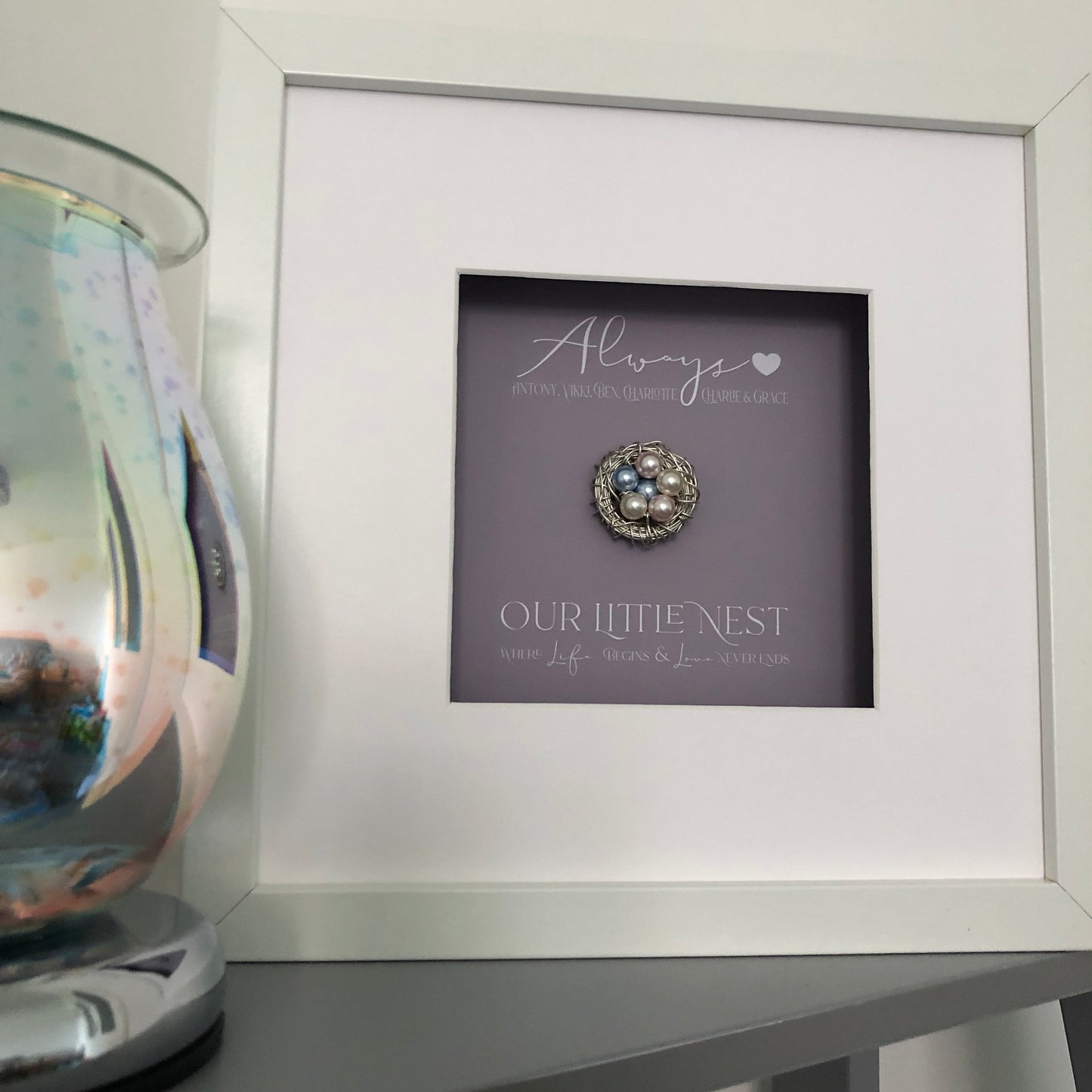 “Our little nest” Handmade Argentium 940 fine Silver Nest In Frame - Personalised Gift with Swarovski Crystal Pearls