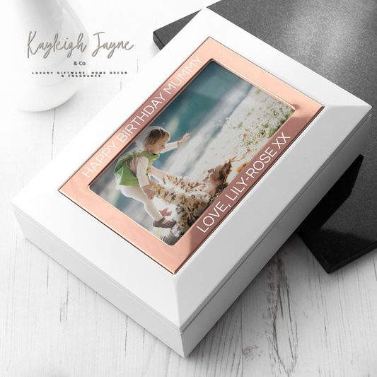 Personalised White And Rose Gold Photo Jewellery Chest