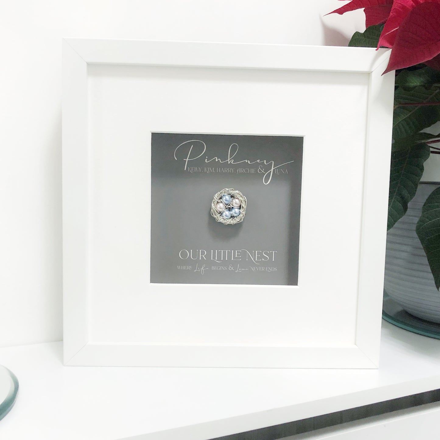 “Our little nest” Handmade Argentium 940 fine Silver Nest In Frame - Personalised Gift with Swarovski Crystal Pearls