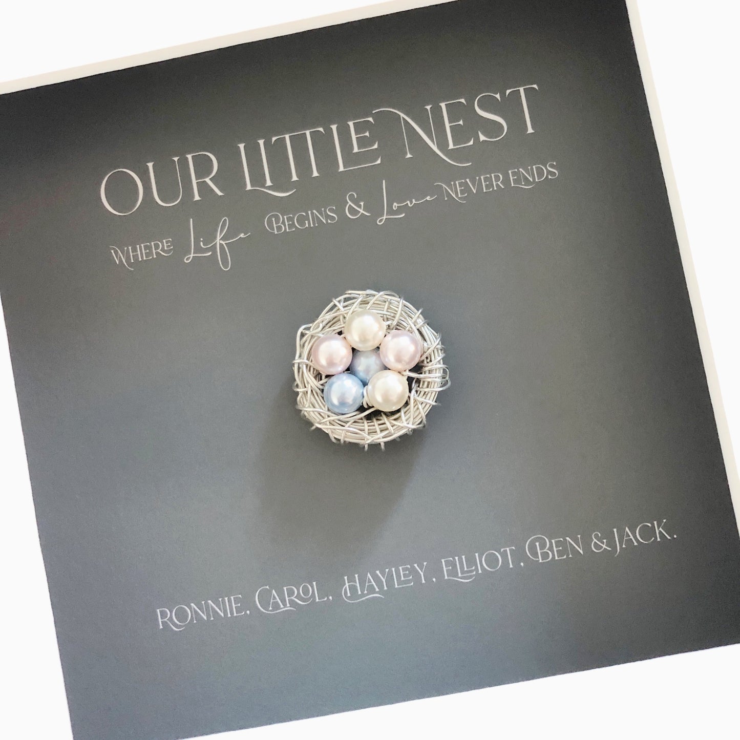 “Our little nest” Handmade Argentium 940 fine Silver Nest In Frame - Personalised Gift with Swarovski Crystal Pearls