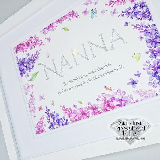 Stardust Crystallised Prints® - Pink and Purple Floral Border Personalised Print Embellished with Swarovski® Crystals
