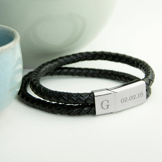 Men’s Personalised Dual Leather Bracelet - Black