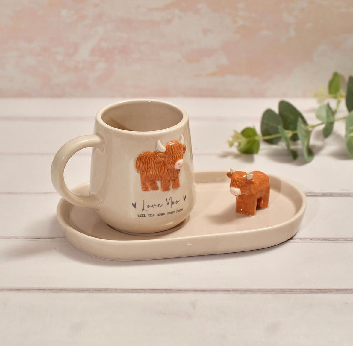 Tiny World Highland Ceramic Cow Cup and Tray Set