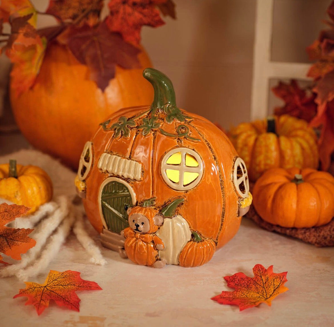 Hand Painted Ceramic Pumpkin House Tealight Holder