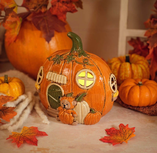 Hand Painted Ceramic Pumpkin House Tealight Holder