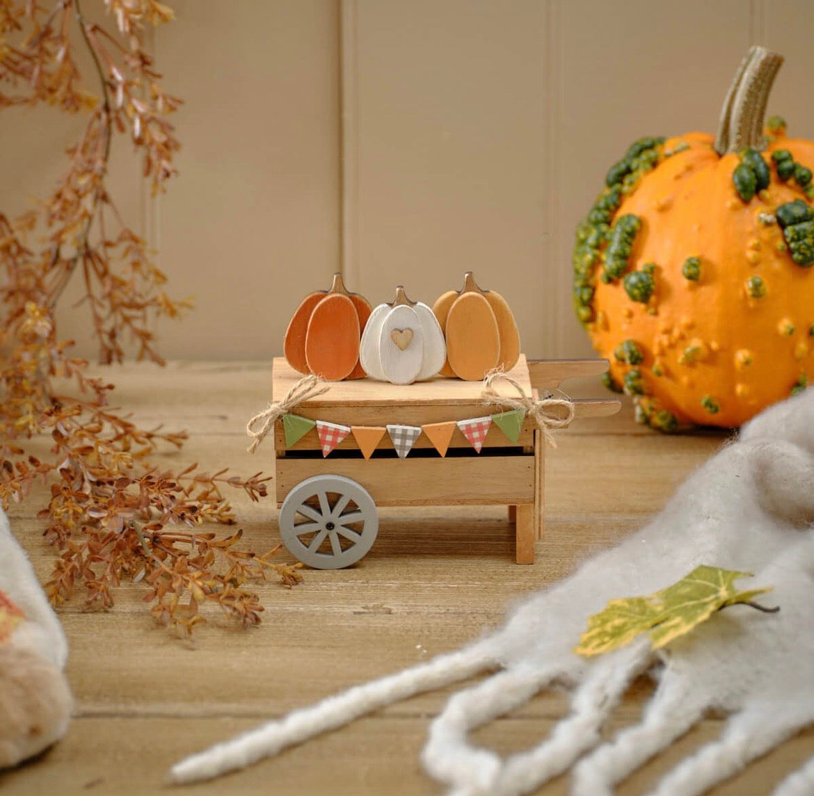 Wooden Pumpkin Cart Ornament with Pumpkins & Bunting