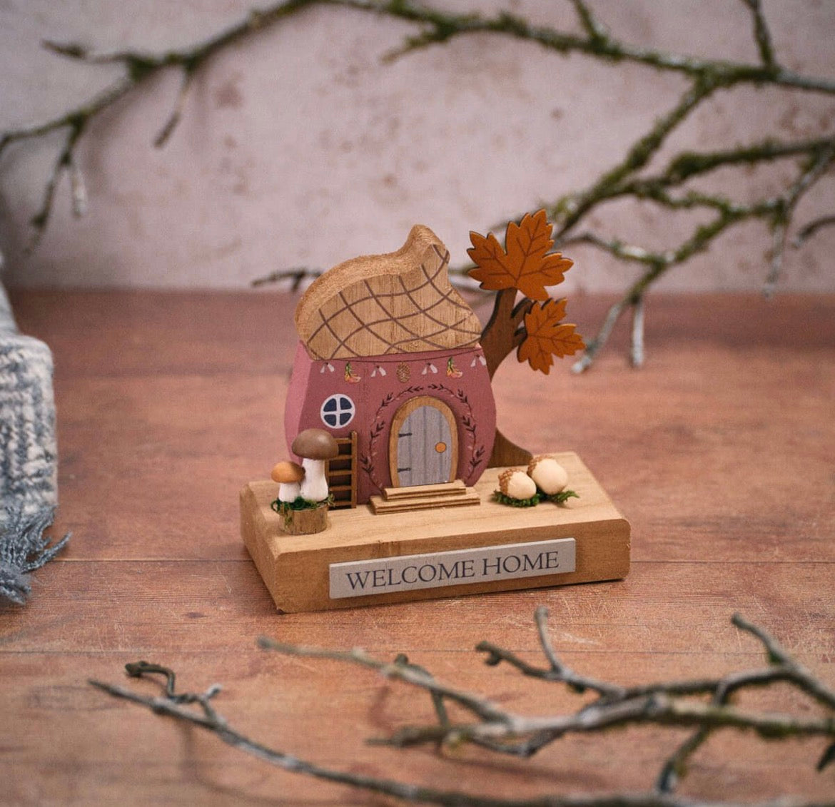Miniature Wooden Acorn House - Welcome Home