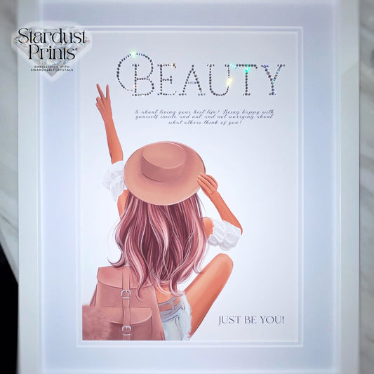 Stardust Crystallised print® Embellished with Swarovski® Crystals- Girl In Hat Design  ANY WORDING
