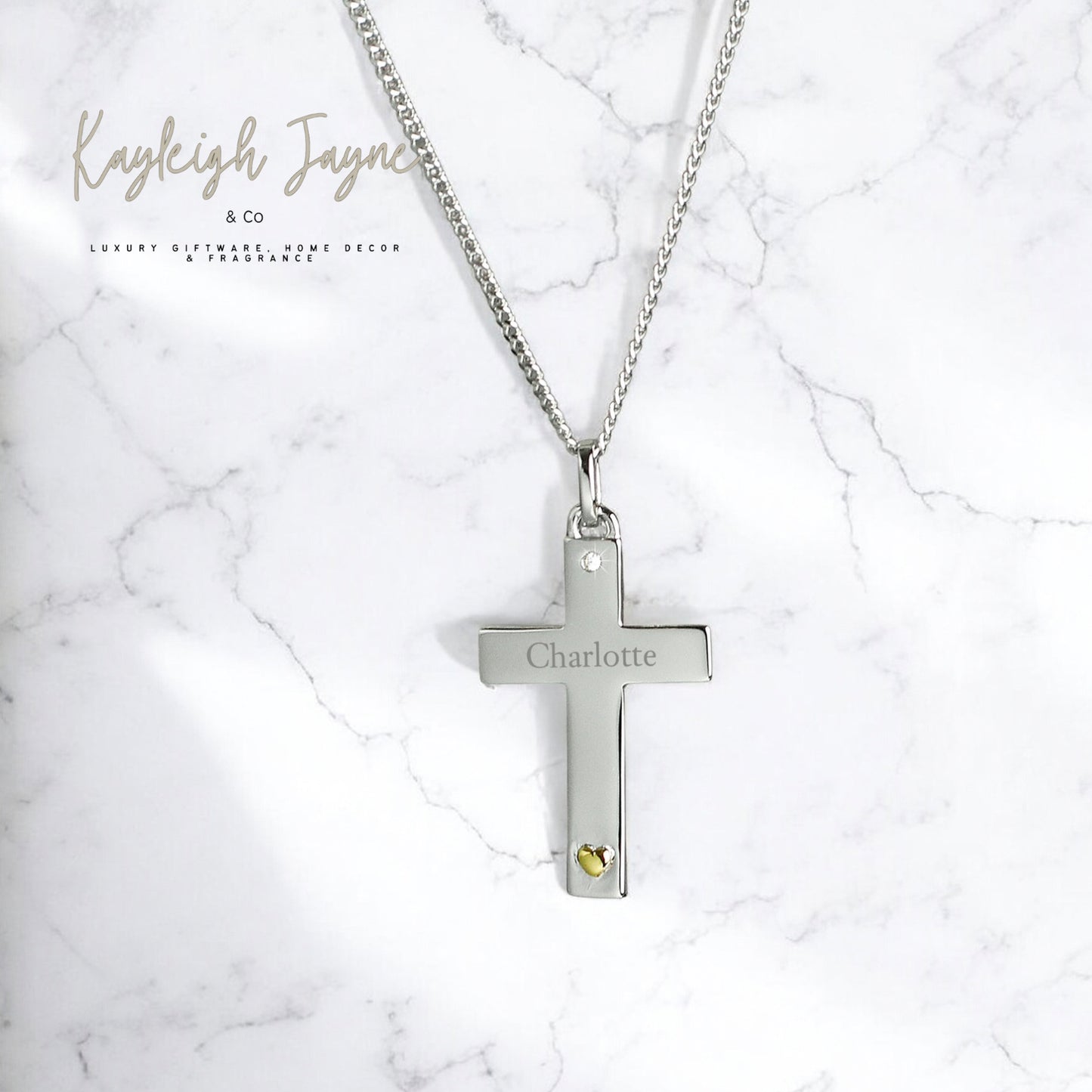 Personalised Sterling Silver Cross With 9ct Gold Plated Heart And CZ