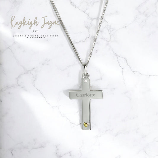 Personalised Sterling Silver Cross With 9ct Gold Plated Heart And CZ