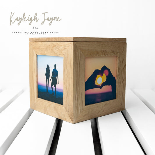Personalised Solid Oak Photo Cube, With Wreath Detail