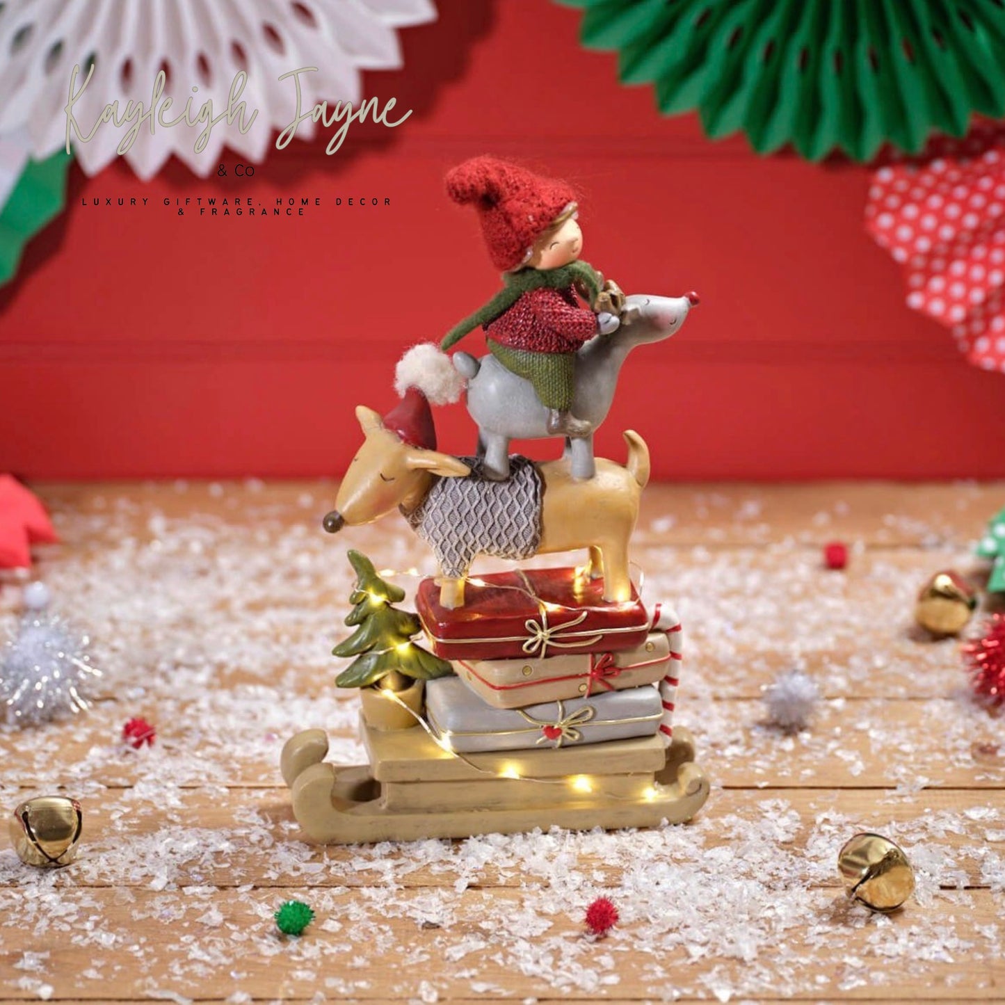 Child On Reindeer Ornament With Light Up Sleigh