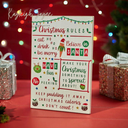 Xmas Rules Fun Food Plaque White Wood With Carrot & Sprouts